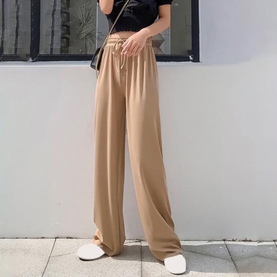 Women Ice Silk Pants Elastic High Waist Adjustable Drawstring Straight Wide Leg Pants Solid Color Long Trousers Daily Wear