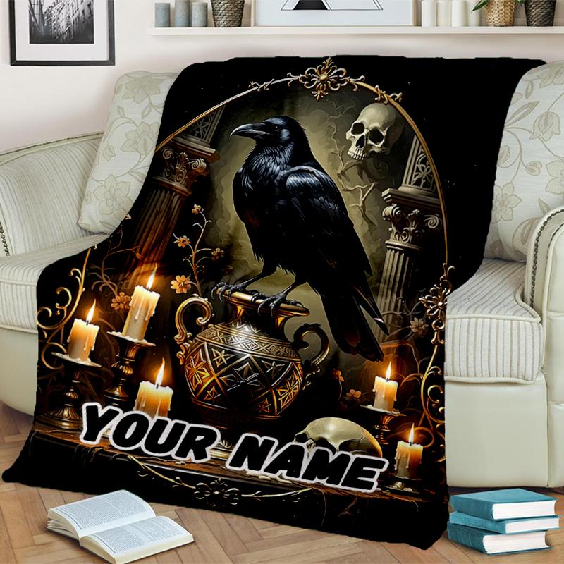 1PC Custom Name Ethereal Raven Skull flannel blanket versatile,all-season throw suitable for the living room,bedroom,camping,travel,and gift