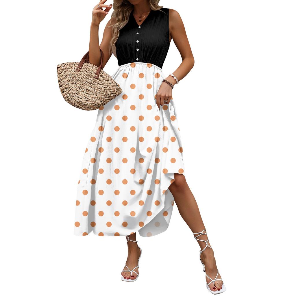Women's Casual And Fashionable V-neck  Sleeveless Printing Mid Length Dress