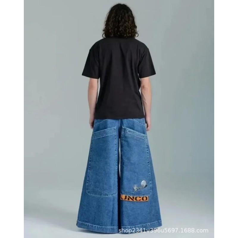 Mens Relaxed Fit Washed Denim Jeans With Embroidered Hip Hop Graphic Casual Wear