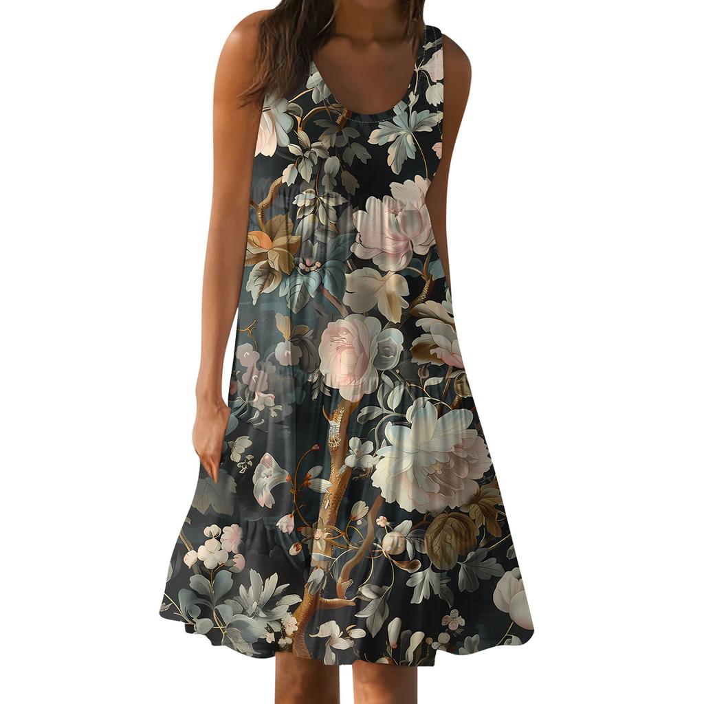 Hawaiian Dress For Women Summer Spring Pleated Bohemian Dresses Cute Sleeveless Flowing Beach Straight  Tank Dresses Round Neck Dresses