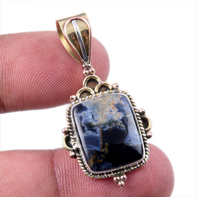 Natural Pietersite Gemstone 925 Solid Sterling Silver TwoTone Pendant 1.50" H3T57