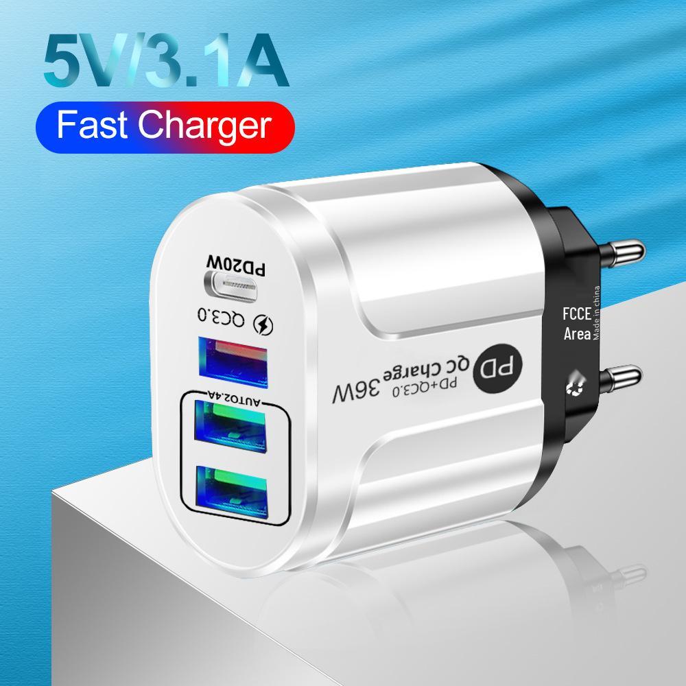 Быстрое USB-зарядное устройство для путешествий (США/Великобритания/ЕС): 20 Вт PD с 3 портами USB