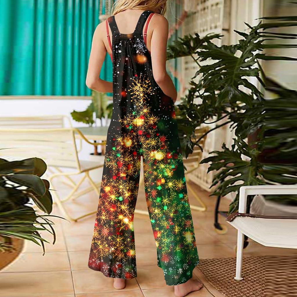 Women's Casual Christmas Printed Jumpsuit Sleeveless Printed Cotton Jumpsuit