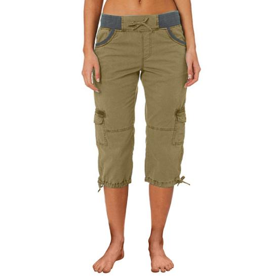 Women Cropped Drawstring Waist Wide Elastic Waistband Pure Multi Pockets Retractable Foot Leg Daily Wear School