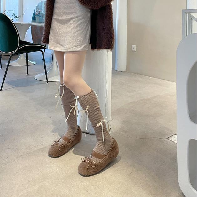 Balletcore Ribbon Tie-Up Ribbed Socks, Sparkly Lurex Knee High Slouch Socks with Bow Detail for Women Girls Y2K Lolita Fashion