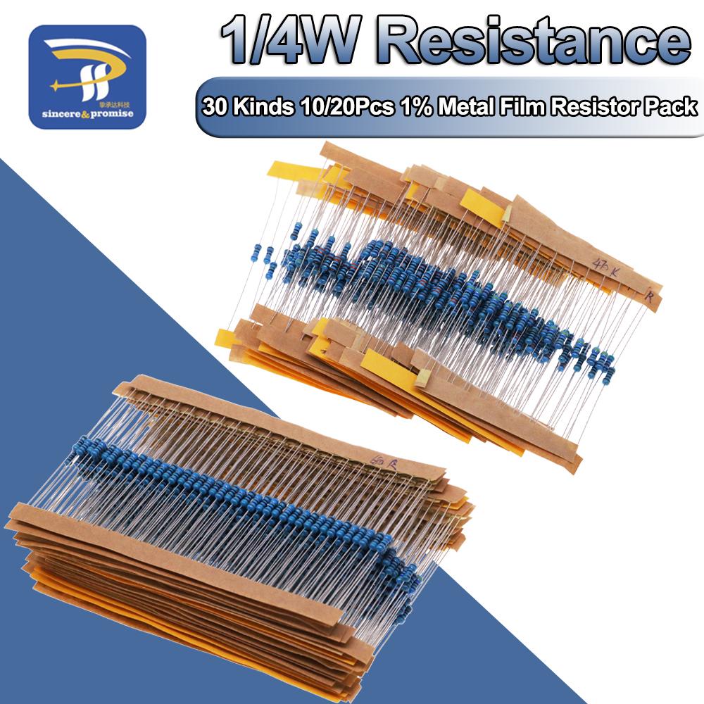 30 Kinds Each 10/20pcs Kit 1/4W Resistance 1% Metal Film Resistor Pack Assorted Kit 600pcs/Set 1K 10K 100K 220ohm 1M 300pcs/Set