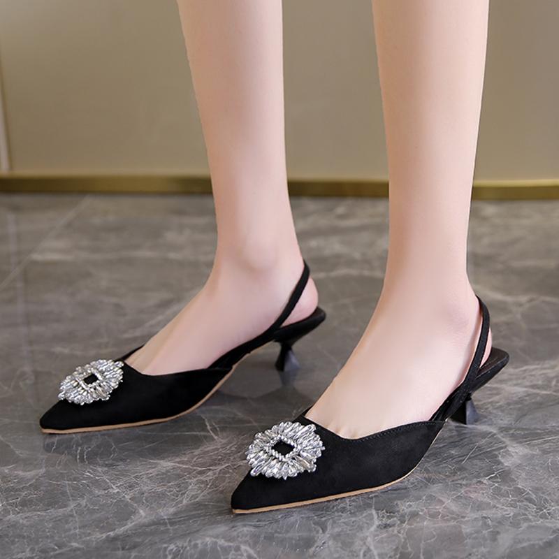 Модные туфли-лодочки с босоножками с пряжкой и кристаллами, женская обувь для вечеринок на тонком каблуке с острым носком, женские летние босоножки на среднем каблуке