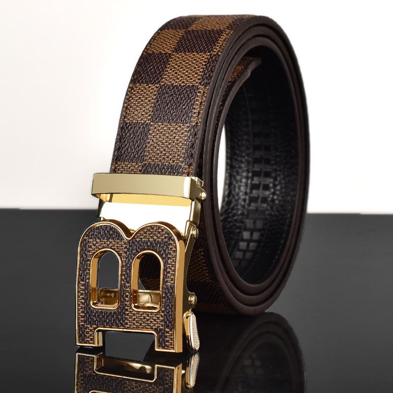 Men's Versatile Genuine Leather Belt with Automatic Plaid Buckle for Business and Casual Wear