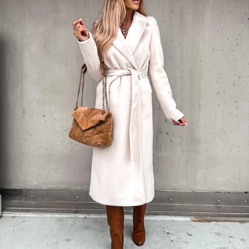 Women's Autumn and Winter Simple Long Sleeve V-Neck Tied Tweed Jacket Top