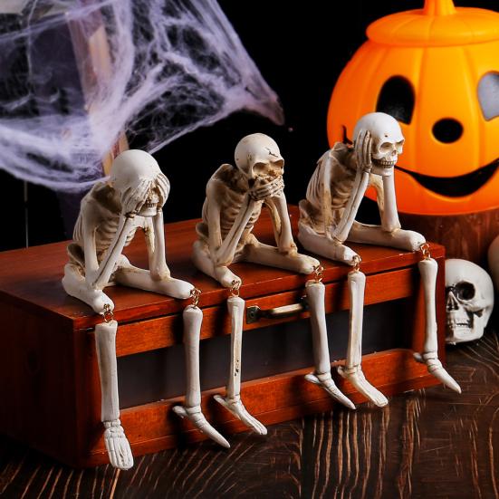 Halloween Skeleton Statue Resin See Speak Hear No Evil Skeleton Figurine with Dangling Legs for Indoor Mantel Table Shelf Decor