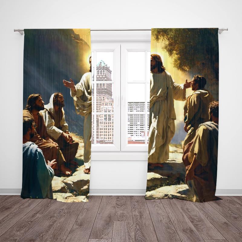 Jesus Painting Printed Curtain, Polyester Semi-transparent 2pcs Curtain -, Suitable for Living Room Decoration, Home Decoration