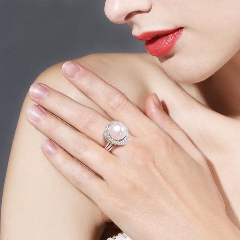 seniko Кольца с натуральным пресноводным жемчугом 10-11 мм для женщин, модное женское кольцо с кубическим цирконием и цирконием, ювелирные изделия с жемчугом, регулируемое кольцо
