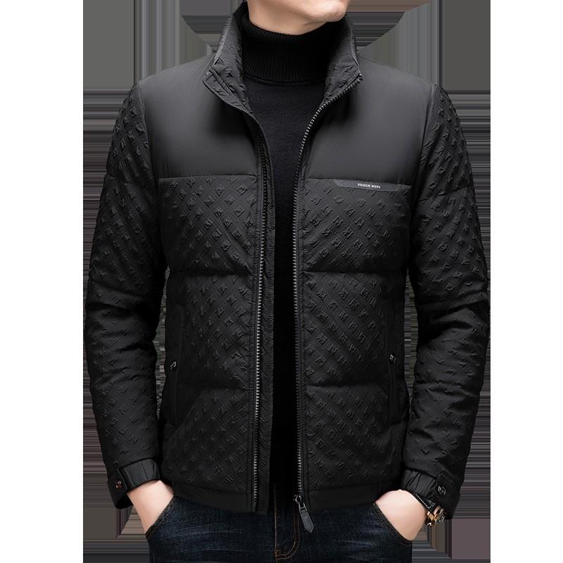 Mens Winter Down Jacket Warm Stand Collar Puffer Coat With Multiple Pockets White Duck Filled