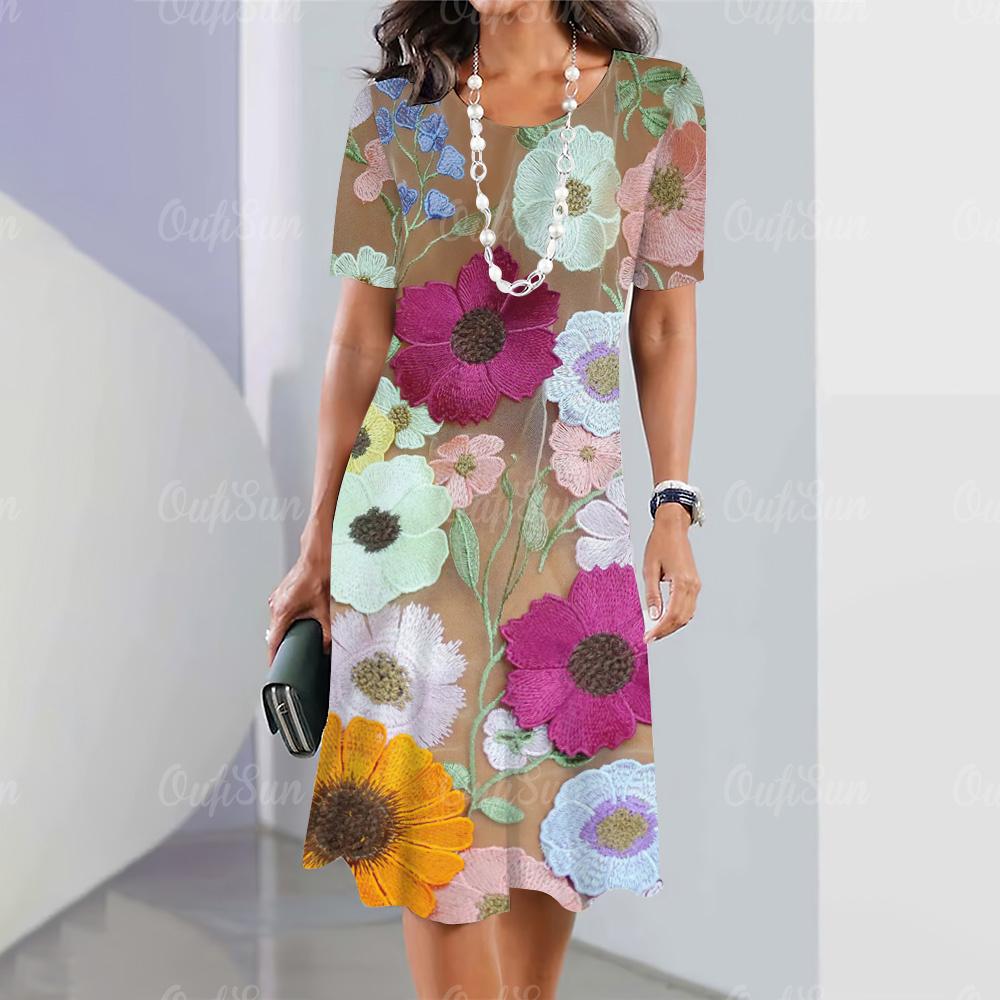 Новые женские платья с цветочным принтом, летнее элегантное платье, женские платья с коротким рукавом, модная одежда больших размеров
