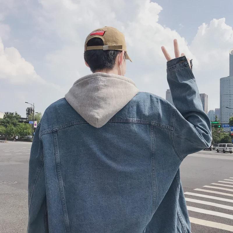 Мужская модная корейская хип-хоп джинсовая куртка - свободная, универсальная, с капюшоном