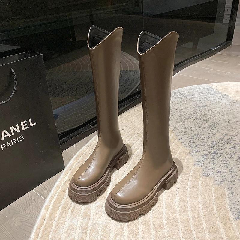 Мода Платформа Женские сапоги до колена Модные молнии сзади Рыцарь Длинные сапоги Квадратный каблук Осень Зима Женская обувь