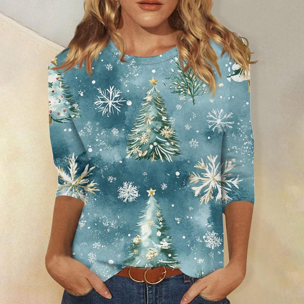 Женская модная повседневная свободная футболка с круглым вырезом и рукавами 3/4 с принтом, женский топ