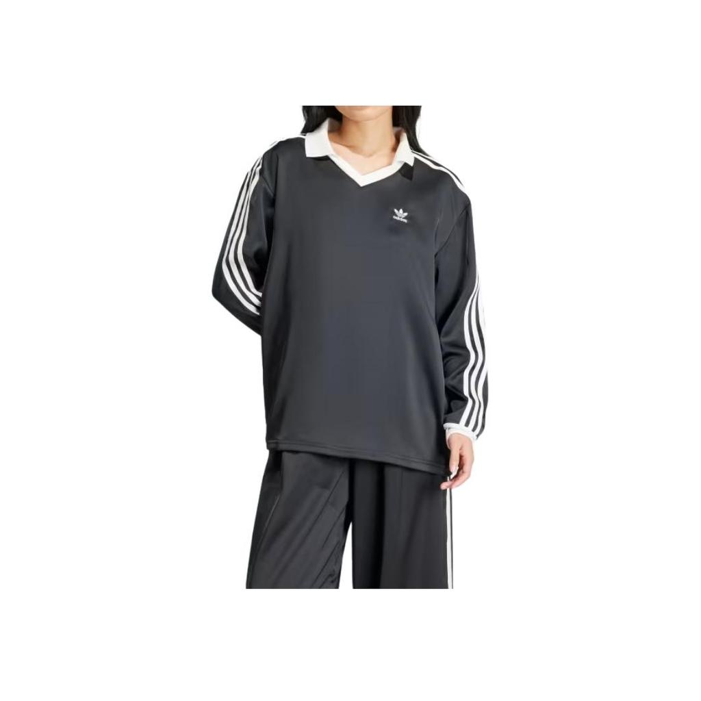 adidas Полосатая атласная футболка с длинными рукавами и принтом. Женские топы, черные IR6099