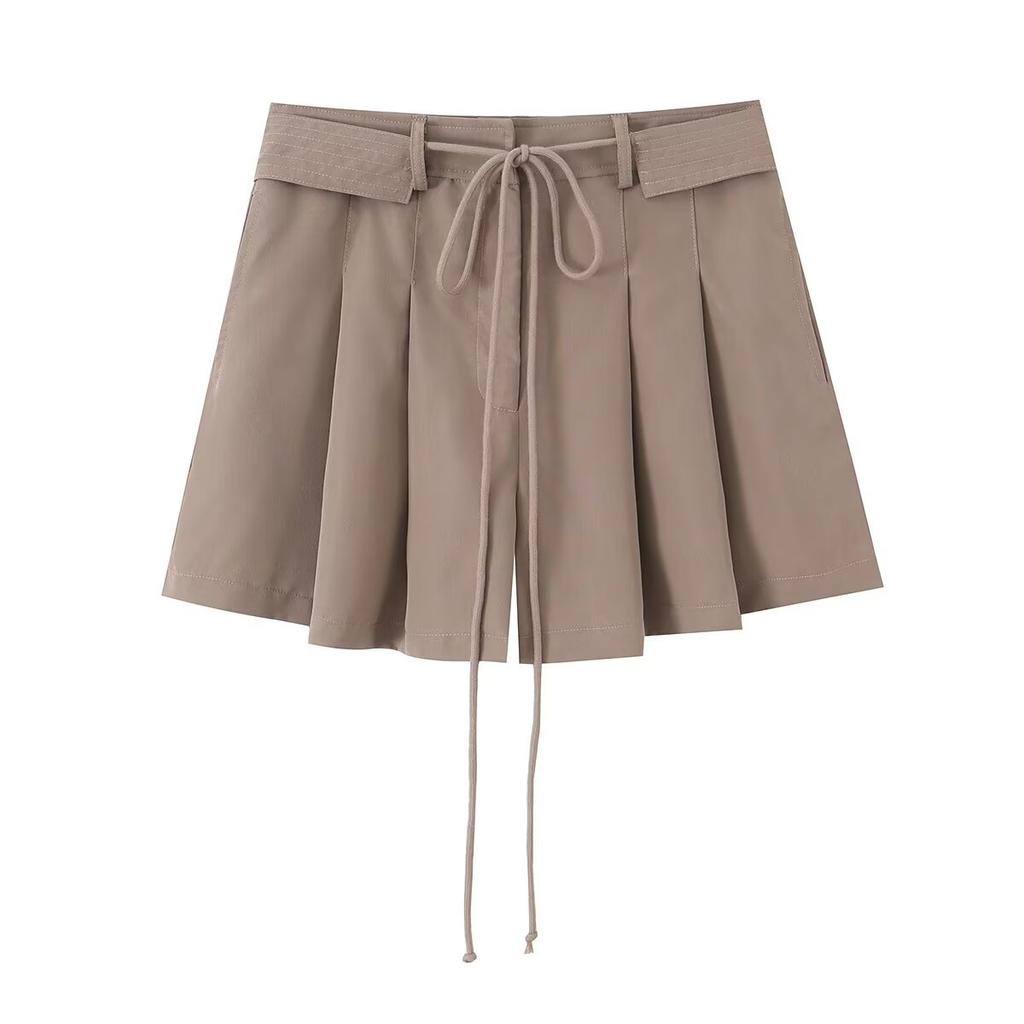 European and American style new women's fashionable casual drawstring belt pleated shorts