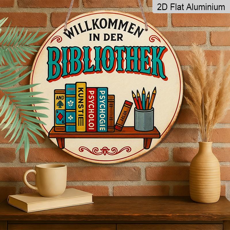 2D Flat, 1pc 7.87x7.87 Inch Round Aluminum Sign, Vintage "Library" Aluminum Plaque, Study Room Decor Sign, Suitable for Decorating Study Rooms