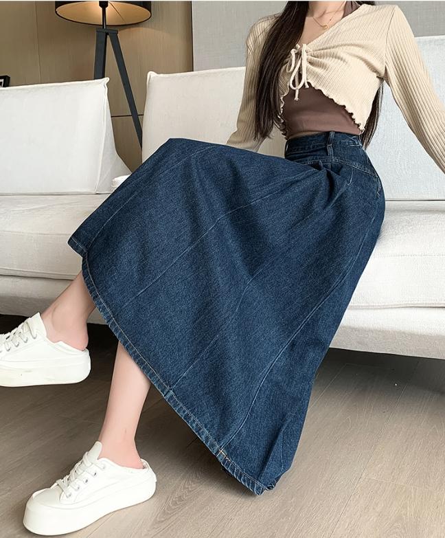 Chic Pleated Jeans Skirts Spring Autumn High Waist Long Washing Ladies Straight Women Loose Denim Midi Skirts