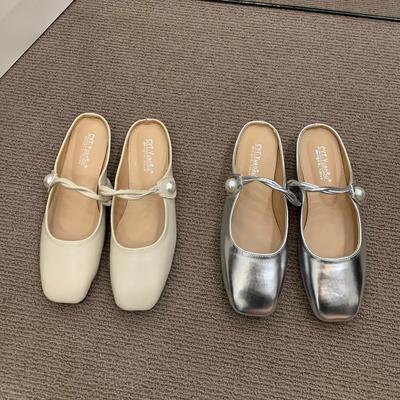 Серебристые полуботинки на плоской подошве, женская обувь, новые весенне-летние, с одним ремешком, с закрытым носком, полушлепанцы