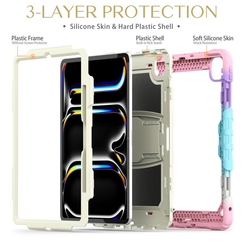 For iPad Pro 13 (2024) Case PC+Silicone Tablet Cover with Pen Slot and Shoulder Strap