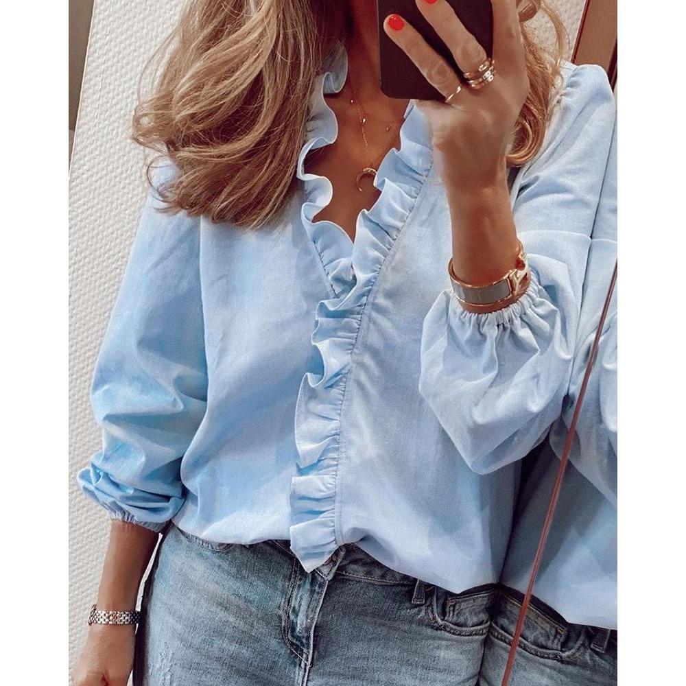 JPNTKY Women's Fashion Casual Autumn Winter Solid Color Print Long Sleeve V-Neck Blouses & Shirts