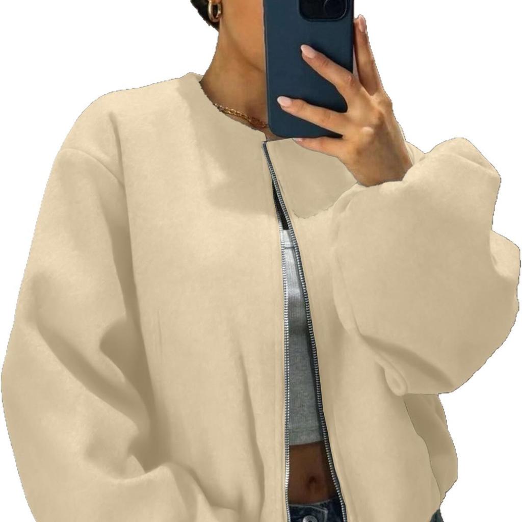 Women's Autumn/Winter Bomber Jacket - Round Neck, Drop Shoulder, Lantern Sleeve, Street Style Zip Cardigan