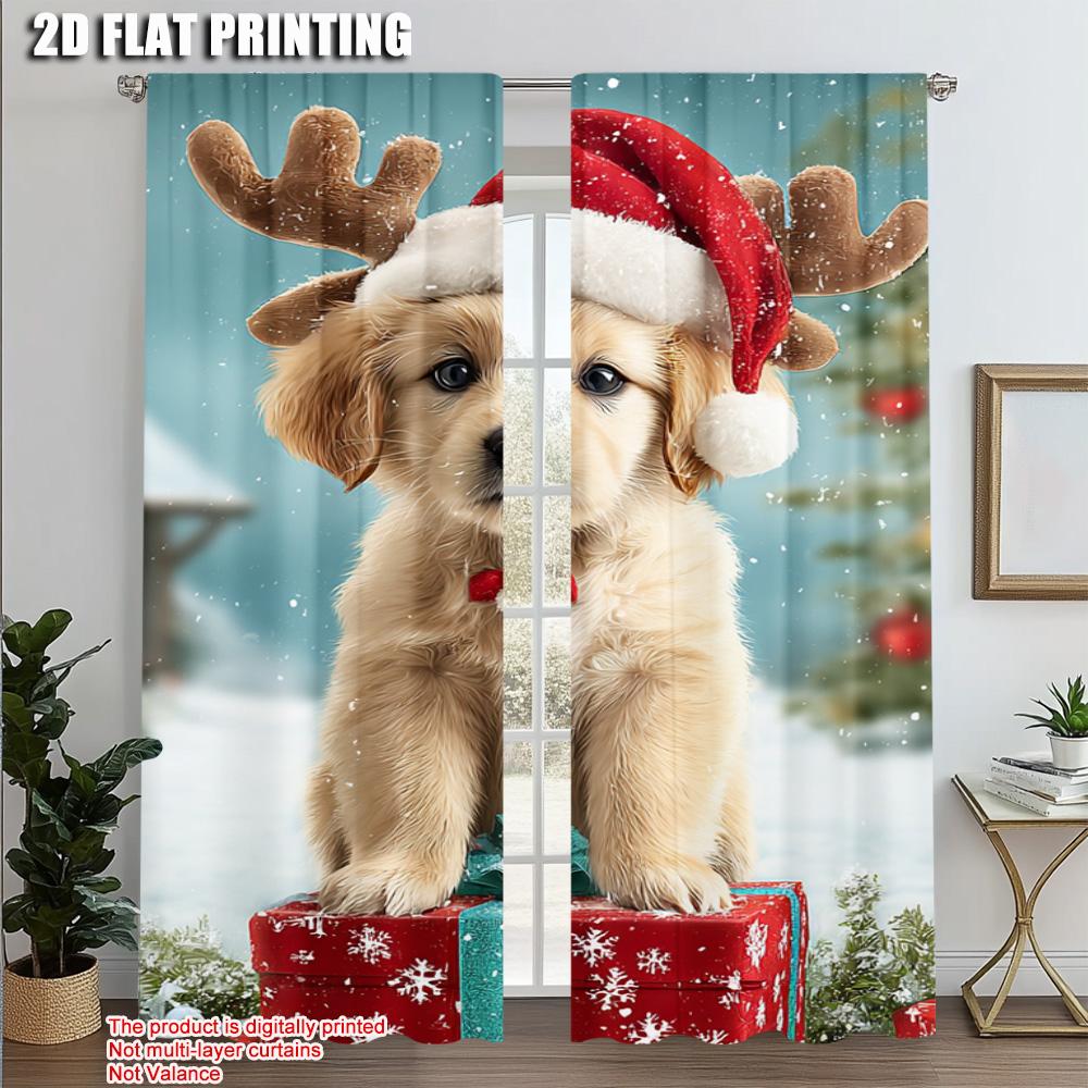 2Pcs,2D Plane Printing Popular Curtain Panels Merry Christmas Puppy Gift Polyester Easy Install (Without Rod) Decorations For
