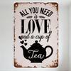 Vintage 'All You Need Is Love & Tea' Metal Tin Sign, Whimsical Teapot Heart Decor for Home Café Bar Man Cave, Rustic Aged Style