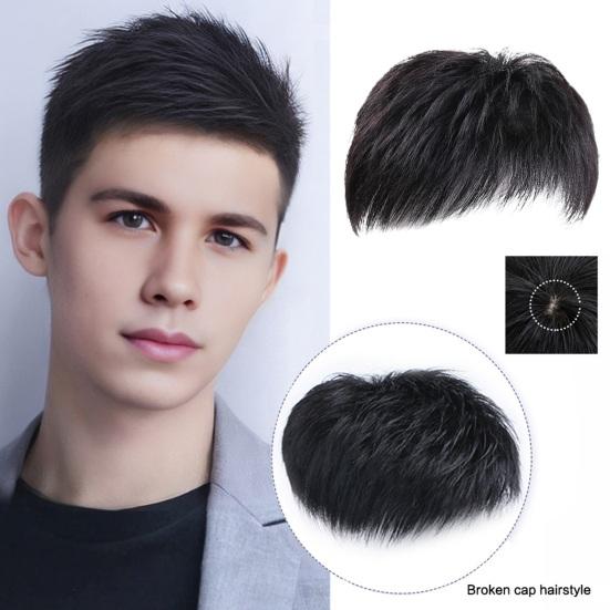 Men Short Straight Hairpiece with Bangs Bald Spots Gray Hair Coverage Natural High Temperature Fiber Male Black Synthetic Hair Wig