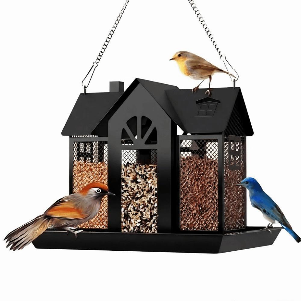 Multi-purpose Metal Hanging Bird Feeder Large Capacity House Shape Hummingbird Feeder Rainproof Wild Bird Feeder Yard Decoration