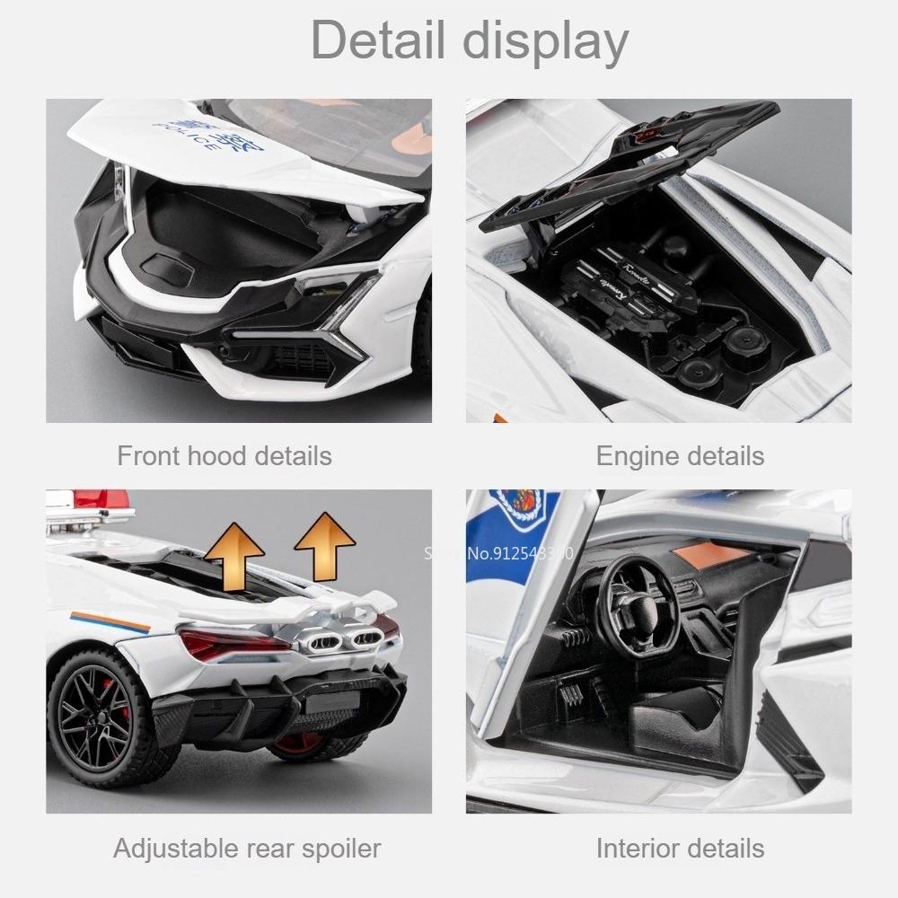1:32 Scale Revuelto Police Car Model Toy Doors Opened Sound Light Sports Cars Pull Back Alloy Body Vehicle Hobby Decorations