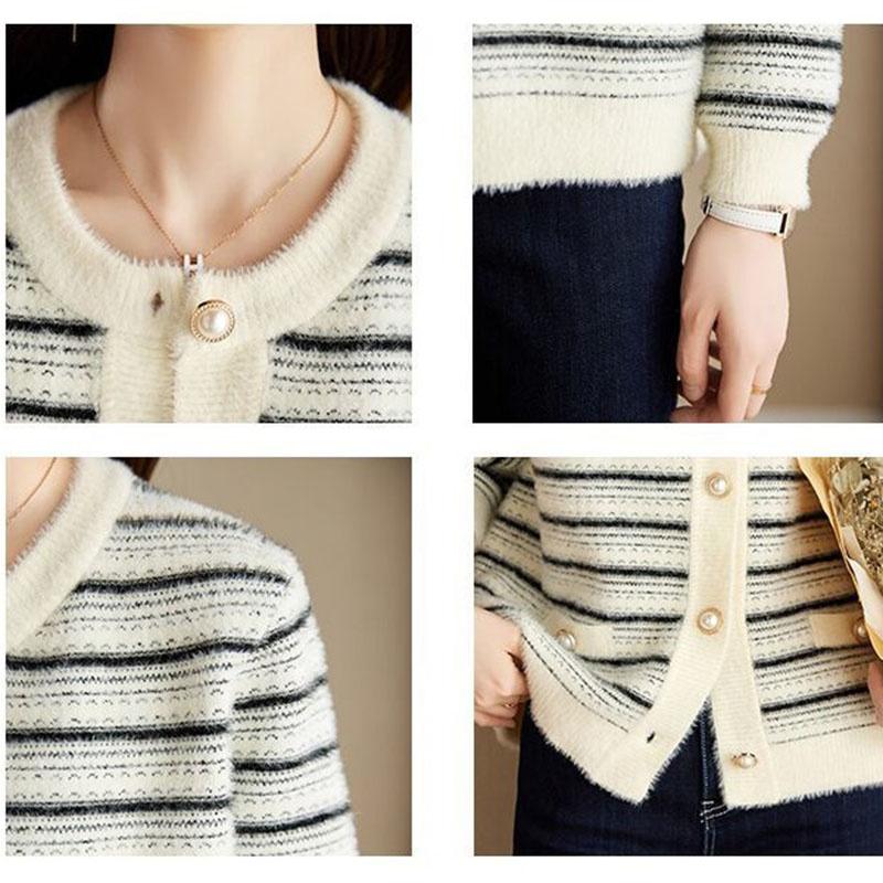 Корейская осенне-зимняя вязаная куртка женская повседневная с длинным рукавом в полоску имитация норки бархатный кардиган свитер женский топы