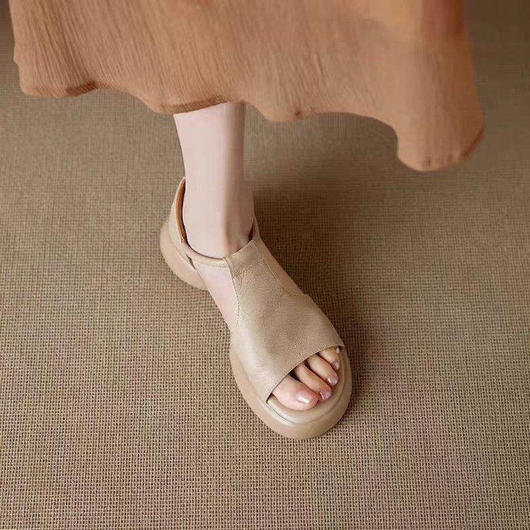 Версия из мягкой кожи~ Французские ретро сандалии на платформе-маффин, удобные, женские, летние, маленькие, для通勤, с открытым носком, римские