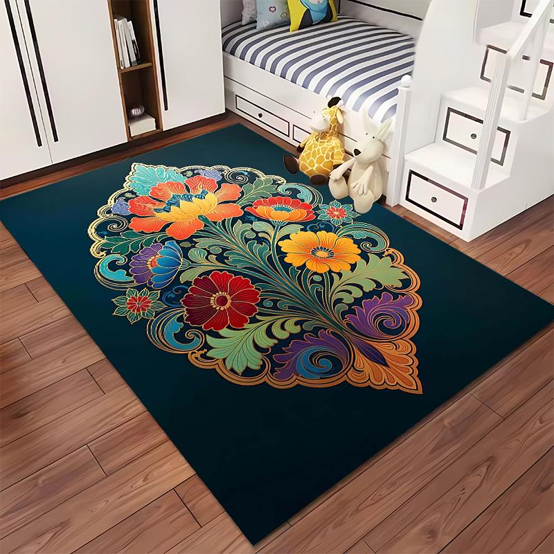 Colorful Floral Pattern Carpet, Bohemian Style, Dark Green Base Suitable for use as an anti-slip for living room bedroom sofas