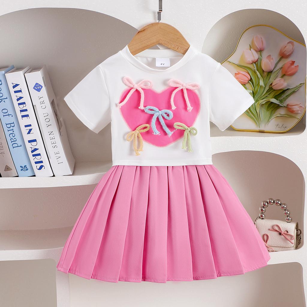 Костюмы для девочек, летние, для девочек, с круглым вырезом, бантом, узором «любовь», однотонная блузка, плиссированная юбка, костюм