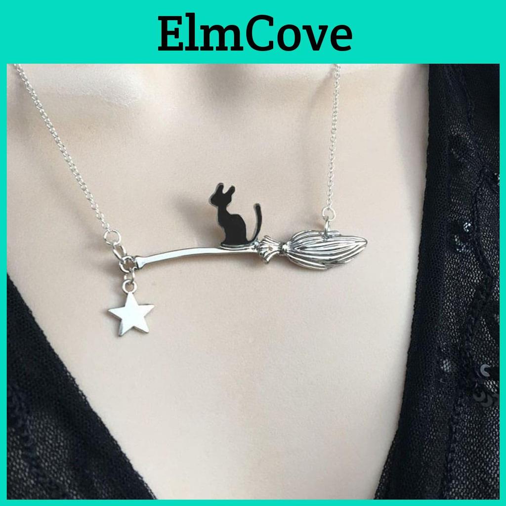 Cat Funny Black Broom And Pendant Necklace Halloween Days Jewelry Accessory For Women Who Appreciate Elegant And Whimsy
