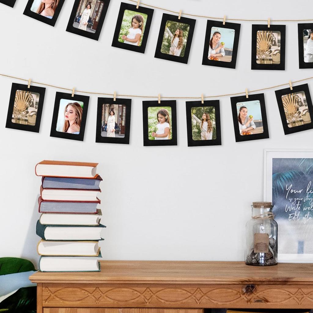 20 Pcs Paper Photo Frames, Kraft Paper Picture Frame Hanging Display Banner With Wooden Clips and String DIY for Wedding Party Classroom Wall Decor