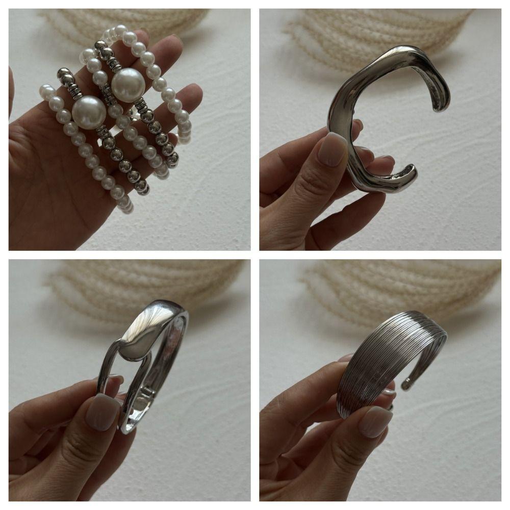Белый Серебристый Серебристый Металлический Браслет Волочение проволоки Преувеличенный Браслет Элегантный Жемчужный Браслет Вечеринка