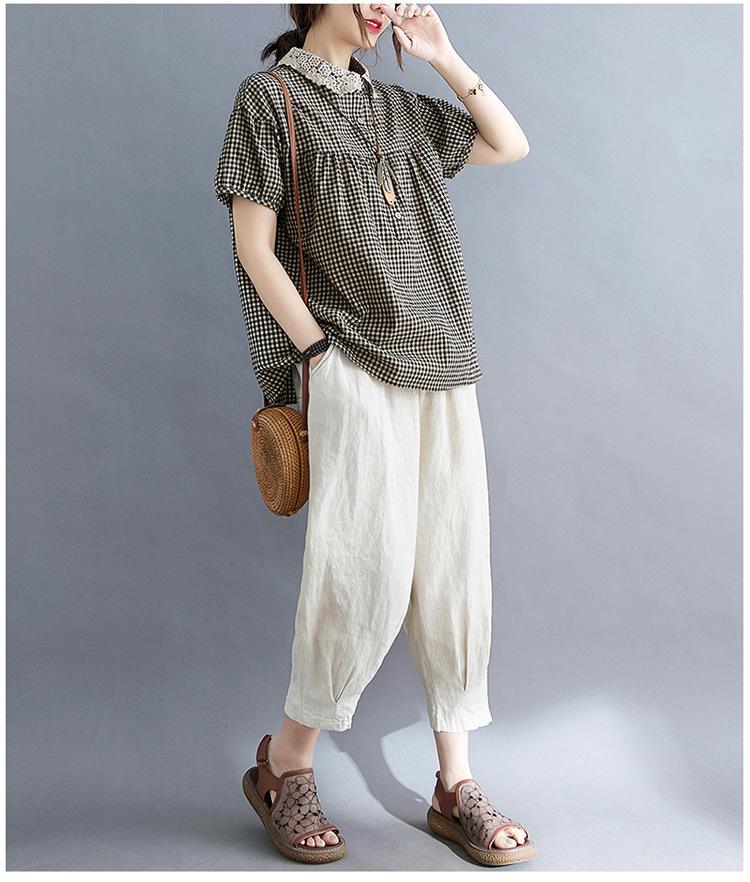 2021 Лето Большой размер Пэчворк Женская Хлопково-льняная Клетчатая Блузка с воротником Питер Пэн Приталенная С коротким рукавом