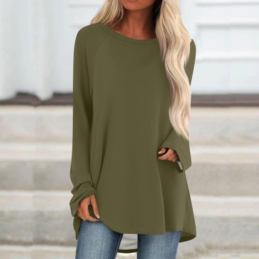 Women's Fashionable Loose Mid-length Round Neck Pullover Solid Color Raglan Sleeves Long-sleeved Casual Top