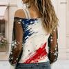 Women Plus Size Asymmetric Off Shoulder T Shirt Long Sleeve Firework Print Navy Blue Sheer Mesh Sleeve