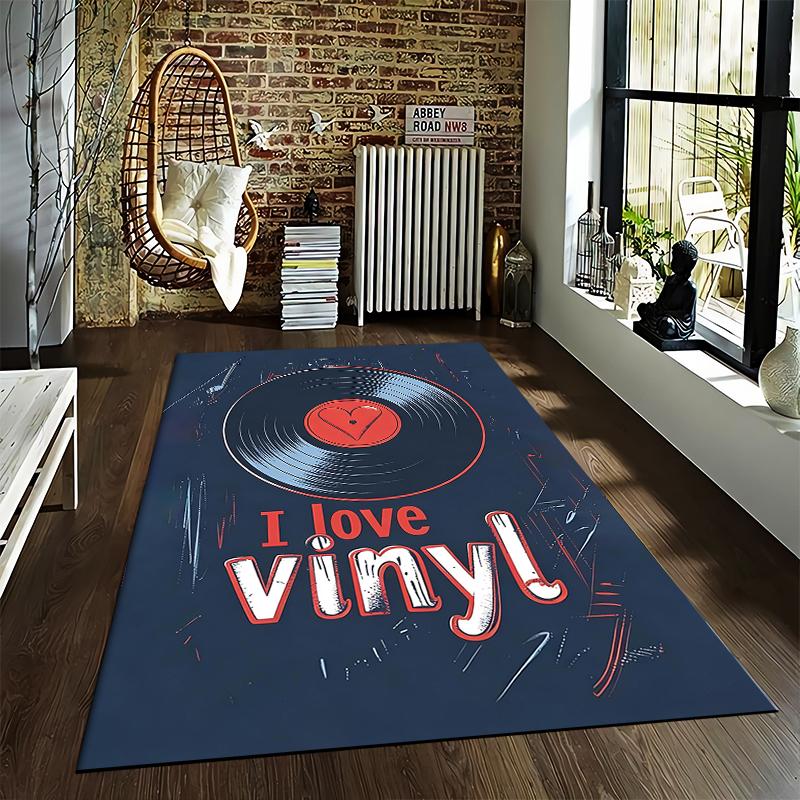 Stylish Blue Carpet with "I Love Vinyl" Text and Record Design Suitable for use as an anti-slip for living room bedroom sofas