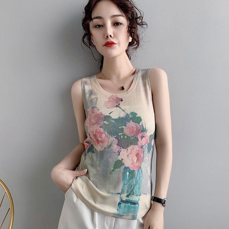 Women's Vest for Summer Wear, Knitted Thread Sleeveless T-shirt, Floral Thin Vest