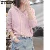 New Spring Thin Solid Color Sweater Loose Lazy Long Sleeve Top Hook Flower Hollow Hooded Knitted Sweater for Women