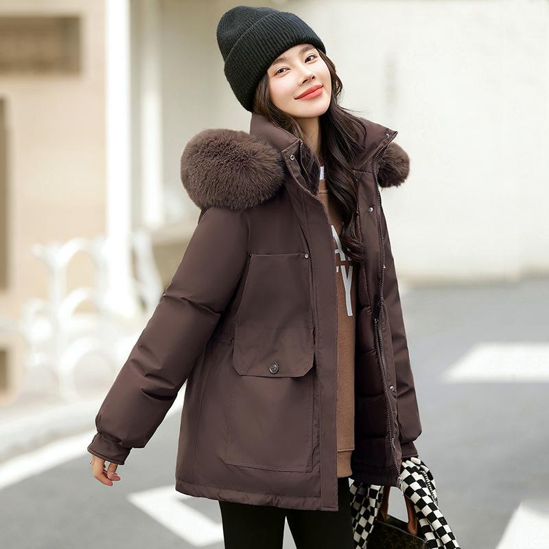 Pie Overcome Women's Winter New Korean Version Waist Thin Hooded Big Fur Collar Velvet Cotton Jacket Cotton Coat