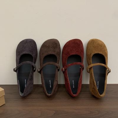 Ретро поздний вечерний ветер замшевые туфли Мэри Джейн детские осень и зима новые красные балетки с легким вырезом мягкие плоские одинарные туфли женские